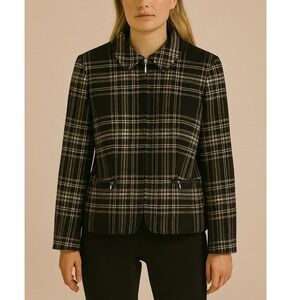 Jones New York Blazer 14 Black White Plaid Tweed Wool Zip Jacket Dark Academia